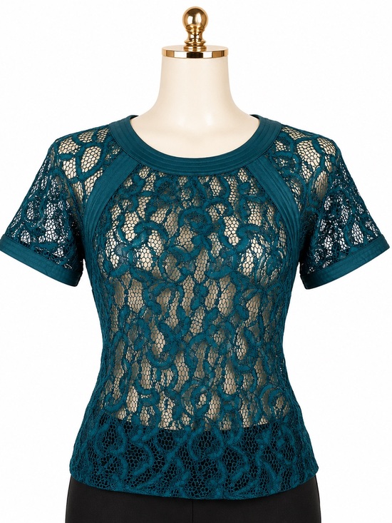 Dynamite Tops - Dynamite Teal Lace Blouse Size S Sheer Short Sleeve Top